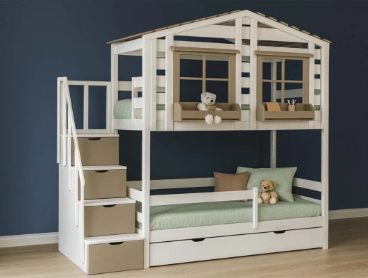 Двухъярусная кровать домик Велес Арт Кидс Лэнд №20 с ящиками