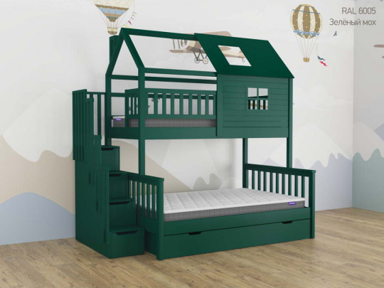 Двухъярусная кровать Алена домик с 1 ящиком по цене от 110 300 ₽ , стиль скандинавский, классический, цвет зеленый, изумрудный 2 | Детские кровати