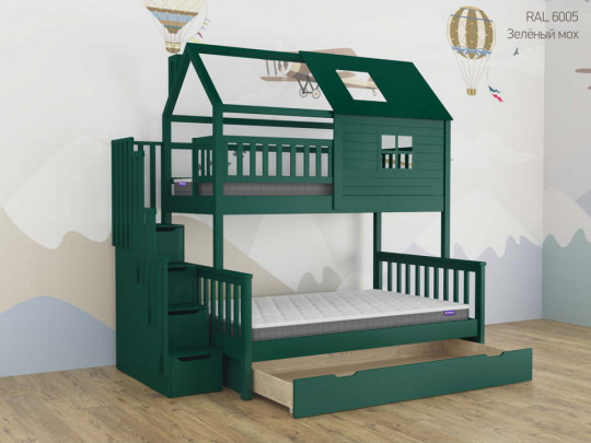 Двухъярусная кровать Алена домик с 1 ящиком Relaksan, стиль скандинавский, классический, цвет зеленый, изумрудный