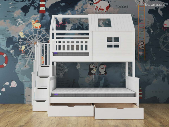 Двухъярусная кровать Алена домик с 2 ящиками по цене от 110 500 ₽ , стиль скандинавский, классический, цвет бежевый 3 | Детские кровати