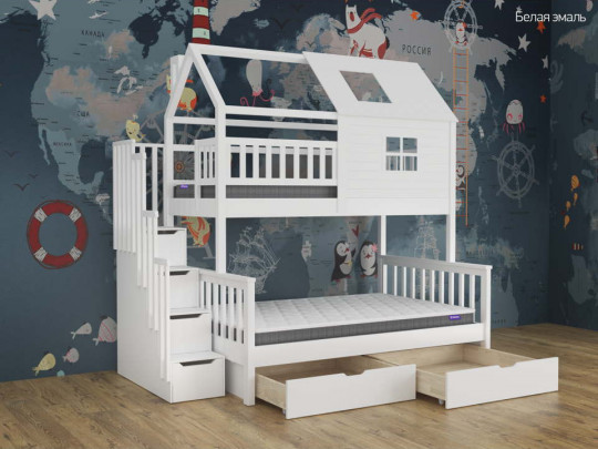 Двухъярусная кровать Алена домик с 2 ящиками Relaksan, стиль скандинавский, классический, цвет бежевый