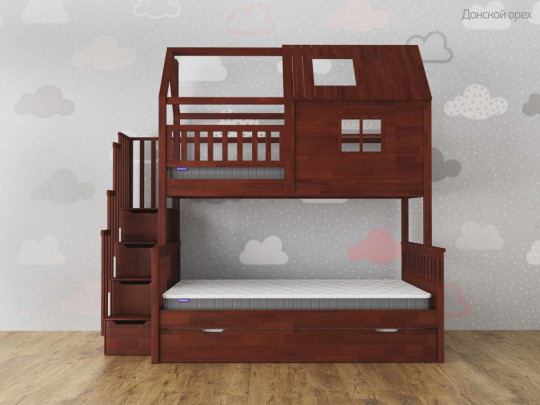 Двухъярусная кровать Алена домик с выкатным сп местом по цене от 113 200 ₽ , стиль скандинавский, классический, цвет коричневый 2 | Детские кровати