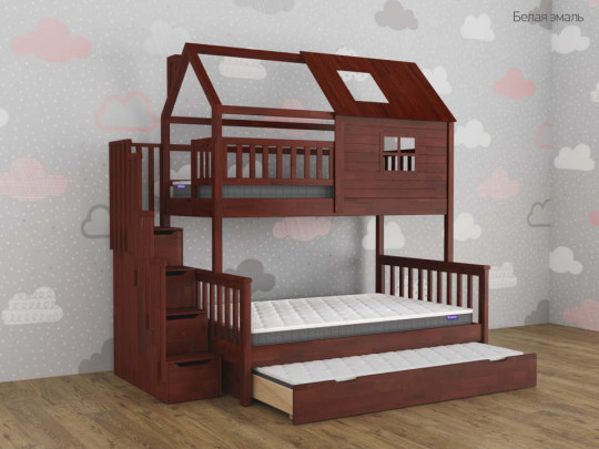 Двухъярусная кровать Алена домик с выкатным сп местом Relaksan, стиль скандинавский, классический, цвет коричневый