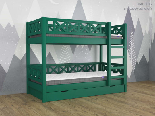 Двухъярусная кровать Кантри с 1 ящиком по цене от 63 433 ₽ , стиль скандинавский, классический, цвет зеленый 2 | Детские кровати
