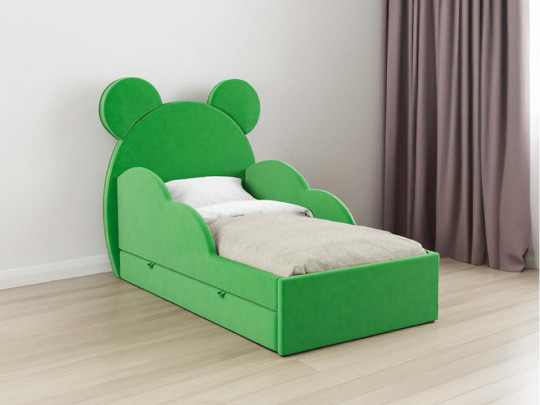 Детская кровать с ушками Миша с ящиком по цене от 38 000 ₽ , стиль скандинавский, современный, цвет зеленый, салатовый 2 | Детские мягкие кровати