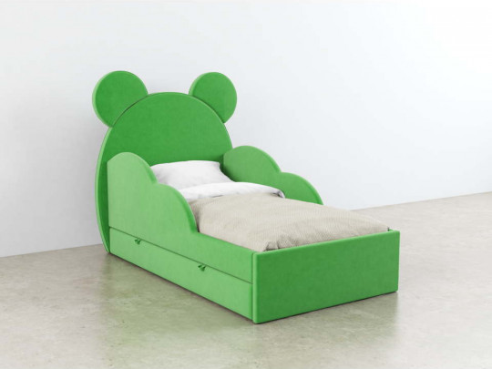 Детская кровать с ушками Миша с ящиком по цене от 38 000 ₽ , стиль скандинавский, современный, цвет зеленый, салатовый 1 | Детские мягкие кровати