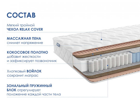 Матрас Димакс Relmas Cocos 3Zone по цене от 14 810 ₽ , высота, см 19 2 | Пружинные матрасы