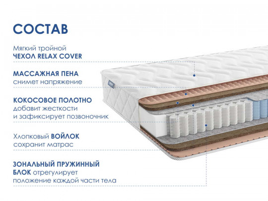 Матрас Димакс Relmas Twin Cocos 3Zone по цене от 18 770 ₽ , высота, см 21 2 | Пружинные матрасы