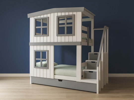 Двухъярусная кровать домик Велес Арт Kids Land №18 с ящиками Велес Арт, стиль классический, цвет белый, серый, светло-серый