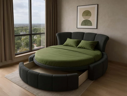 Круглая кровать Мерси с ящиком серый